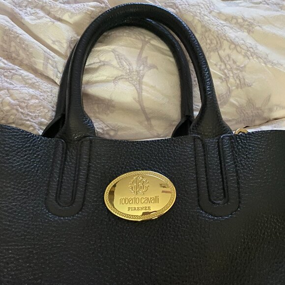 Roberto Cavalli - Black Pebbled Leather Tote/Shoulder Bag w/ Crossbody Strap